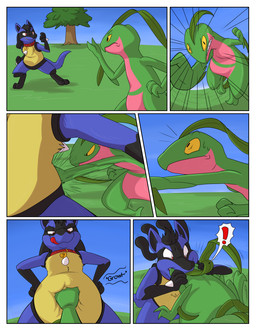 belly blue_sky duo female feral fight green_body oral_vore outside rumbling_stomach sky vore dweet-tea nintendo pokemon generation_3_pokemon generation_4_pokemon grovyle lucario pokemon_(species) 2017 comic hi_res