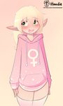 blonde_hair clothed clothing crossgender elf eyebrow_through_hair eyebrows female female_symbol gender_symbol green_eyes hair hi_res hoodie hoodie_(artist) humanoid humanoid_pointy_ears legwear long_hair looking_aside male_(lore) max_(hoodie) not_furry off_shoulder open_mouth pink_background simple_background solo standing symbol text thigh_highs topwear translucent translucent_hair url white_body white_skin
