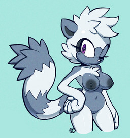 anthro areola black_nose blue_background breasts eyelashes female front_view fur genitals grey_areola grey_body grey_fur grey_nipples hand_on_hip head_tuft markings navel nipples nude one_eye_closed purple_eyes simple_background solo striped_markings striped_tail stripes tail tail_markings thick_thighs tuft vulva wide_hips miobadders idw_publishing sega sonic_the_hedgehog_(comics) sonic_the_hedgehog_(idw) sonic_the_hedgehog_(series) tangle_the_lemur lemur mammal primate strepsirrhine