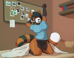 anthro bed bedding blanket clothing cork_board eyes_closed female furniture kneeling open_mouth panties pillow polaroid shelf shirt solo stretching_arms t-shirt text topwear underwear yawn karr_(artist) myra_(karr) ailurid mammal red_panda english_text hi_res