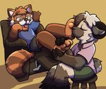 anthro blep brown_body brown_fur brown_wool clothed clothing duo eyes_closed eyewear feet fingers foot_fetish foot_grab foot_on_face foot_rub foot_sniffing fur furniture glasses head_on_hand hooved_fingers hooves horn male male/male reclining red_body red_fur simple_background sniffing sofa stool tongue tongue_out white_body white_fur white_wool wool_(fur) aartmoore hydro_(hydro19) ailurid bovid caprine domestic_sheep jacob_sheep mammal red_panda sheep 6:5 absurd_res hi_res