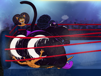 anthro big_butt black_body black_bottomwear black_clothing black_fur black_hair black_pants bodily_fluids boots bottomwear breath briefs brown_stripes butt clothing crescent_moon duo eyemask eyewear facesitting fighting_ring footwear fur hair huge_butt hyper hyper_butt male mask moon obese obese_anthro obese_male orange_body orange_fur overweight overweight_anthro overweight_male paint pants purple_boots purple_briefs purple_clothing purple_footwear purple_underwear shoes sitting sitting_on_another sports_mask sportswear striped_body striped_fur stripes sweat sweaty_butt underwear wrestler wrestling wrestling_briefs wrestling_clothing wrestling_mask wrestling_outfit nabb-kun smallfryspy shade_(nabb-kun) cougar domestic_cat felid feline felis mammal tabby_cat 2026 absurd_res hi_res