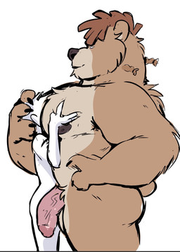 anthro balls barazoku duo fur genitals hair larger_male male nipples nude pec_smothering pecs penis simple_background size_difference smothering haps adastra_(series) echo_project interea bjarni_(interea) bear human mammal hi_res