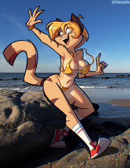 anthro arm_tuft beach big_breasts bikini blonde_hair blue_eyes bracelet breasts clothing collarbone elbow_tuft eyebrows eyelashes facial_tuft female footwear fur glistening glistening_body glistening_breasts gold_bikini hair jewelry long_eyelashes markings mole_(marking) mole_on_breast mole_under_eye navel o-ring o-ring_bikini o-ring_bikini_bottom open_mouth open_smile photo_background rock shoes shoulder_tuft smile socks solo striped_body striped_fur stripes swimwear tan_body tan_fur tuft two-piece_swimsuit wardrobe_malfunction psicoyote golden_week cassandra_(psicoyote) domestic_cat felid feline felis mammal 2026 absurd_res hi_res mixed_media photography_(artwork)