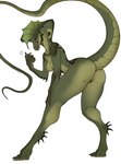 anthro areola biped breasts butt female genitals green_body looking_at_viewer looking_back nipples non-mammal_breasts pupils pussy solo thick_thighs tongue tongue_out silgiriya_mantsugosi cobra reptile scalie snake hi_res