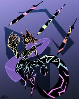 ambiguous_gender anthro big_ears big_hands featureless_crotch floating_weapons hovering long_scarf long_tail looking_at_viewer markings melee_weapon mostly_nude mouthless multiple_weapons pseudo_hair purple_scarf rainbow_colors scarf scarf_only solo sword tail weapon conditional_dnp lodi_(artist) felid feline mammal unknown_species 4:5 absurd_res hi_res