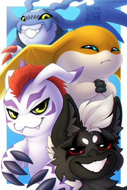 ambiguous_gender black_body blue_body blue_eyes border claws facial_scar fangs green_eyes group grumpy hair inner_ear_fluff markings mohawk neck_tuft orange_body red_eyes red_hair scar simple_background smile teeth toe_claws tuft white_body white_border wings zegzagun bandai_namco digimon digimon_story:_time_stranger fakemon gazezemon demidevimon digimon_(species) gomamon patamon 2:3 absurd_res chromatic_aberration hi_res