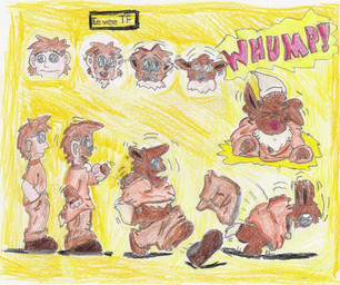 bottomless brown_body brown_fur clothed clothing discarded_clothing ear_growth eyes_closed falling feral fur fur_growth growth hand_in_pocket male mane open_mouth oversized_clothing partially_clothed pockets sharp_teeth shrinking simple_background size_transformation solo sound_effects tail tail_growth tan_body tan_fur teeth text tongue transformation walking yellow_background koopusk nintendo pokemon eevee generation_1_pokemon human mammal pokemon_(species) english_text headshot_portrait portrait traditional_media_(artwork)
