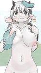 bodily_fluids breast_milking duo ear_piercing ear_tag female fur hair horn lactating markings nipples piercing pink_nipples spots spotted_body spotted_fur spotted_hair white_body white_fur white_hair ganghandog bovid bovine cattle mammal hi_res