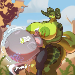 anthro bodily_fluids cum cum_inflation cum_inside duo female genital_fluids herm hyper hyper_inflation impregnation inflation intersex intersex/female lipstick makeup nipple_piercing nipples piercing size_difference smile text womb_tattoo curseofdreg fallout microsoft tina_the_deathclaw canid canine deathclaw mammal scalie 1:1 hi_res