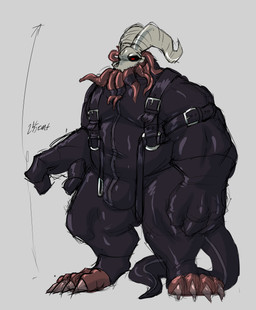anthro belt belt_buckle bone buckle clothing latex latex_clothing latex_skinsuit male overweight overweight_male skinsuit skull skull_head solo tentacles tight_clothing demonrat demon monster absurd_res hi_res