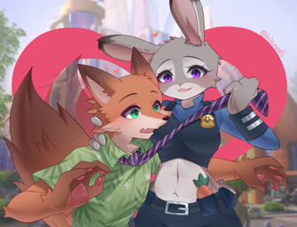 accessory anthro belly black_nose blush breasts clothed clothed_female clothed_male clothing clothing_pull duo female fur green_eyes grey_body heart_symbol male midriff navel necktie necktie_pull open_mouth orange_body orange_fur pawpads pink_nose pink_pawpads police police_uniform purple_eyes scut_tail short_tail tail uniform lalamedli disney zootopia judy_hopps nick_wilde canid canine european_rabbit fox lagomorph leporid mammal oryctolagus rabbit red_fox true_fox absurd_res hi_res
