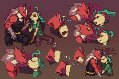 anthro biped black_clothing blue_eyes blush blush_lines bottomwear brown_eyes clothed clothed_male clothing dialogue eyes_closed furniture hand_holding kissing male male/male male_anthro muscular muscular_male on_sofa pants red_body shirt simple_background sitting sitting_on_sofa sofa text topwear vonepitaph nintendo pokemon byron_(vonepitaph) kale_(vonepitaph) blaziken eeveelution generation_3_pokemon generation_4_pokemon leafeon pokemon_(species) 2025 comic digital_media_(artwork) english_text hi_res