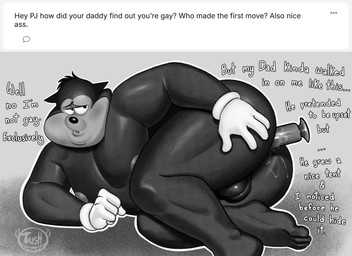 anal anal_masturbation anal_penetration anthro backsack balls black_body butt clothing dialogue dildo dildo_in_ass dildo_insertion feet fingers fur genitals gloves gloves_only half-closed_eyes handwear handwear_only implied_incest lube lube_on_dildo lying male masturbation mostly_nude narrowed_eyes nipples object_in_ass on_side overweight overweight_anthro overweight_male pecs penetration sex_toy sex_toy_in_ass sex_toy_insertion simple_background solo text toes white_clothing white_gloves white_handwear tush_(artist) disney goof_troop pj_(goof_troop) canid canine canis domestic_dog mammal 2026 absurd_res digital_media_(artwork) english_text hi_res monochrome