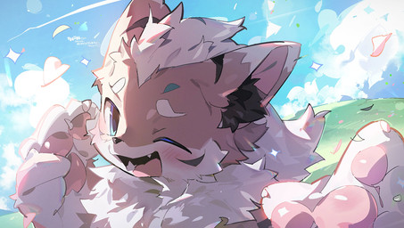 anthro biped blue_eyes blush brown_body brown_fur cloud cloudy_sky cute_fangs fangs fur hill kemono male one_eye_closed sky skyscape solo teeth white_body white_fur k_szk canid canine fox mammal 2025 hi_res