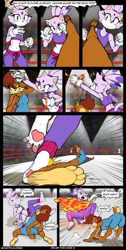 4_toes anthro barefoot bottomwear butt clothing countershade_feet countershading crop_top curling_toes dialogue duo elemental_manipulation feet female fighting_ring fire fire_manipulation foot_shot forehead_gem fur gem gloves handwear inside motion_blur multicolored_body multicolored_fur pants pawpads paws pink_pawpads plantigrade raised_arm shirt soles speech_bubble spread_toes surprised sweatpants tail text toes topwear two_tone_body two_tone_fur himitsu justtaylor sega sonic_the_hedgehog_(series) blaze_the_cat sally_acorn chipmunk domestic_cat felid feline felis ground_squirrel mammal rodent sciurid absurd_res comic english_text hi_res