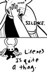 2_horns 2_panel_comic 5_fingers ambiguous_gender biped black_eyes black_text clothed clothing dialogue duo fingers horn male motion_lines mouth_closed simple_background slap sound_effects standing talking_to_another text white_background white_head skeletorskeletonized hollow_knight team_cherry the_knight_(hollow_knight) arthropod vessel_(species) 2020 5:8 comic digital_media_(artwork) end_page english_text hi_res