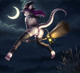 3_toes anthro anus armwear biped bottomwear branch broom broom_riding butt cleaning_tool clothed clothing cloud crescent_moon crossdressing detailed_background elbow_gloves eunuch feet femboy flaccid foreskin genitals glans gloves hair handwear hat headgear headwear humanoid_genitalia humanoid_penis lamp lantern legwear levitating low-angle_view magic_user male microskirt miniskirt moon night outside penis pink_glans purple_hair sackless skirt sky small_penis solo star starry_sky stockings toes white_penis witch witch_hat ark_warrior darkdragon4 draki scalie