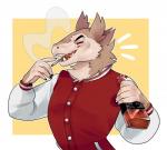 alcohol beverage clothing drugs jacket letterman_jacket male marijuana simple_background smoke smoking solo topwear whiskey secretcorgi jack_daniel's sneezy_mcyeezy sergal absurd_res hi_res