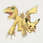 ambiguous_gender claws duo feral green_eyes open_mouth red_cheeks size_difference teeth toe_claws tongue yellow_body 12takase14 bandai_namco digimon nintendo pokemon agumon digimon_(species) generation_1_pokemon mammal pikachu pokemon_(species) reptile scalie 1:1 2019 crossover hi_res sketch