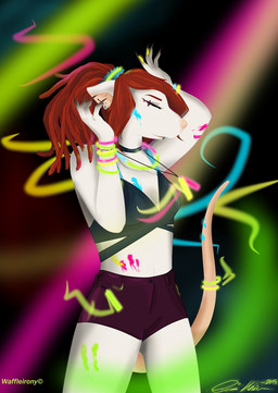 anthro bottomwear bra bracelet button_(fastener) clothed clothing collar dreadlocks ear_piercing female fur glowing glowstick hair hair_elastic jewelry looking_at_viewer midriff navel necklace open_mouth paint piercing rat_tail red_hair shorts simple_background solo spotlight standing tail underwear white_body white_fur waffleirony mammal murid murine rat rodent digital_media_(artwork) hi_res signature watermark