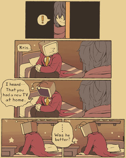 ambiguous_gender antennae_(anatomy) bed bedroom detailed_background dialogue duo electronics exclamation_point for_a_head furniture hair humor male necktie not_furry pointy_nose screen screen_face sitting speech_bubble television text mamaito deltarune undertale_(series) kris_dreemurr tenna_(deltarune) darkner human humanoid mammal object_head screen_head tv_head comic english_text hi_res