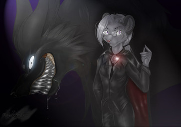 anthro bodily_fluids duo eyewear female glasses saliva teeth tassy_(artist) mythology canid canine felid mammal mythological_canine mythological_creature pantherine tiger vampire werecanid werecanine werecreature werewolf