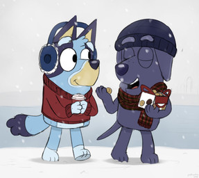 anthro beanie beverage black_body black_fur blue_body blue_fur box clothing coat container cup duo earmuffs eyes_closed female food fur hat headgear headwear holding_container holding_food holding_object looking_at_another male open_mouth outside scarf snow snowing tail teeth topwear walking dtcx97 bluey_(series) bluey_heeler jean-luc_(bluey) australian_cattle_dog bird_dog canid canine canis cattledog domestic_dog herding_dog hunting_dog labrador mammal pastoral_dog retriever 2026 hi_res