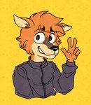 anthro clothing gesture hand_gesture hand_on_arm happy jacket looking_at_viewer male simple_background solo teeth teeth_showing topwear v_sign yellow_background unnamedpixel finally_faded boone_(finally_faded) deer mammal digital_media_(artwork) hi_res