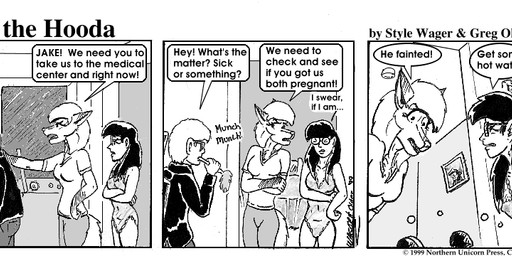 anthro appliance breasts calendar cleavage clothed clothing dialogue ears_back eyewear female fridge fur glasses group hair kitchen_appliance male pivoted_ears question_mark sleepwear sunglasses text trio style_wager dela_the_hooda dela_aldershaw jake_mcross sue_chan_(dela_the_hooda) canid canine fox hooda human mammal 1999 comic english_text monochrome