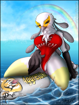 anthro beak big_breasts black_border blue_eyes border breasts clothing eyelashes feathers female front_view looking_at_viewer mole_under_eye one-piece_swimsuit rainbow red_clothing red_swimwear sea sky solo swimwear thick_thighs water white_body white_feathers wide_hips yellow_body yellow_feathers oldfoxdla aggretsuko sanrio secretary_washimi accipitriform avian bird secretary_bird 3:4 hi_res