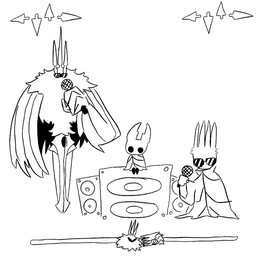 2_horns ambiguous_gender black_eyes cloak clothed clothing electronics eyewear fur group holding_microphone holding_object horn microphone sitting sunglasses trio wings osakana2gou friday_night_funkin' hollow_knight_(franchise) team_cherry pale_king_(hollow_knight) radiance_(hollow_knight) the_knight_(hollow_knight) arthropod insect lepidopteran moth vessel_(species) 1:1 2022 monochrome father_(lore) father_and_child_(lore) parent_(lore) parent_and_child_(lore)