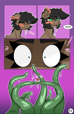blush bodily_fluids comic_panel cum cum_in_mouth cum_inside dialogue ear_blush eyebrow_through_hair eyebrows eyelashes eyelashes_through_hair female feral genital_fluids hair inner_ear_fluff onomatopoeia page_number solo sound_effects speech_bubble surprised tentacles text translucent translucent_hair tuft scrwdrvr hasbro my_little_pony fan_character earth_pony equid equine horse mammal pony absurd_res comic hi_res signature