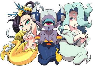 1_eye big_breasts blue_hair blush bodily_fluids bra breasts cleavage clothed clothing female green_eyes group hair open_mouth pink_eyes purple_eyes seashell_bra split_form sweat underwear white_hair yellow_eyes gashi-gashi asian_mythology east_asian_mythology japanese_mythology level-5 mythology yo-kai_watch insomni merdonna smogmella aquatic ghost humanoid merfolk spirit yokai