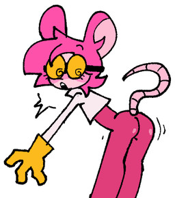 anthro blush butt clothing emanata eyewear female female_anthro fur glasses gloves hair handwear pink_body pink_fur pink_hair simple_background solo spiral spiral_eyes tail weirdenned muffin_(goommymuffin) mammal mouse murid murine rodent hi_res