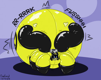 8_legs >_< abdominal_bulge air_inflation clothing eyes_closed glistening glistening_body hyper hyper_abdomen hyper_inflation inflation latex_body motion_lines onomatopoeia shadow sound_effects text topwear tube_bulge yellow_body finalcord ix-37 arachnid arthropod spider 2022 artist_name character_name dated hi_res