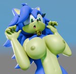 anthro big_breasts black_collar black_nose blue_background blue_body blue_fur breasts clothing collar cowbell eyelashes eyeshadow female fur green_eyes hair legwear long_hair makeup navel purple_eyeshadow simple_background solo standing ilu-silyan sega sonic_the_hedgehog_(series) geny_(geny_acero) 3d_(artwork) absurd_res digital_media_(artwork) hi_res