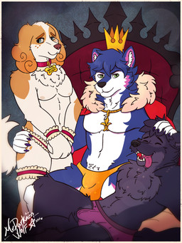 anthro anthrofied bulge clothing covering covering_self crown detailed_bulge group headgear headpat king lingerie male royalty shy trio mrdarknesswolf belfort_and_lupin belfort_(belfort_and_lupin) lupin_(belfort_and_lupin) neillen canid canine canis domestic_dog husky mammal nordic_sled_dog spitz wolf 3:4 hi_res