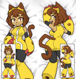 anthro armwear bangs black_armwear black_clothing black_nose black_whiskers bob_cut breasts brown_body brown_ears brown_eyebrows brown_fur brown_hair brown_tail butt closed_smile clothing cybernetic_arm cybernetic_leg cybernetic_limb dakimakura dress eyebrow_through_hair eyebrows eyewear eyewear_on_head female female_anthro fur goggles goggles_on_head hair head_turned long_hair looking_at_viewer lying medium_breasts mouth_closed multicolored_clothing multicolored_dress on_back on_front open_mouth pointy_ears prick_ears purple_eyes sleeveless_dress smile solo tail tan_sclera thick_eyebrows translucent translucent_hair two_tone_clothing two_tone_dress whiskers white_clothing white_dress yellow_clothing yellow_dress yellow_eyewear yellow_goggles centinel303 gameoverse glitch_productions kit_bodega domestic_cat felid feline felis mammal 2026 dakimakura_design