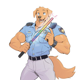 anthro biceps black_nose claws clothed clothing cute_fangs fangs finger_claws fluffy fluffy_tail folded_ears fur holding_object kemono male muscular muscular_anthro muscular_male police police_officer police_uniform rainbow_colors simple_background solo tail tan_body tan_fur teeth uniform white_background peapeafur canid canine canis domestic_dog mammal hi_res