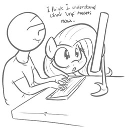 blush computer dialogue duo electronics ellipsis female feral hair keyboard male simple_background smile talking_feral text unf white_background shoutingisfun friendship_is_magic hasbro my_little_pony anon fluttershy_(mlp) earth_pony equid equine horse human mammal pony english_text low_res monochrome