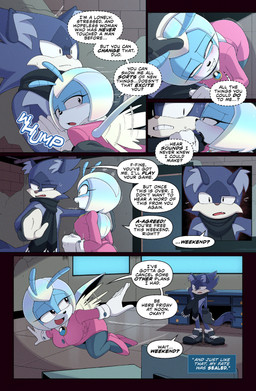 antennae_(anatomy) anthro black_clothing black_leggings black_legwear black_scarf blue_body bodily_fluids clothing dialogue dirty_talk dress duo female flying footwear fur gloves handwear leggings legwear male male/female multicolored_body pink_clothing pink_dress pink_footwear pink_shoes purple_body purple_eyes purple_fur scarf shoes speech_bubble sweat tail text two_tone_body white_body white_clothing white_gloves white_handwear dakkii idw_publishing sega sonic_the_hedgehog_(comics) sonic_the_hedgehog_(idw) sonic_the_hedgehog_(series) duo_the_cat jewel_the_beetle arthropod beetle domestic_cat felid feline felis insect mammal 2026 absurd_res comic english_text hi_res