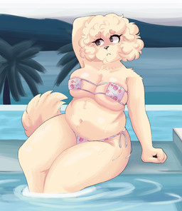 anthro areola areola_slip belly_tuft black_nose bottomwear breasts brown_eyebrows brown_eyes chest_tuft clothed clothing eyebrows eyelashes female fluffy fluffy_tail footwear freckled_face freckles fur glistening glistening_eyes hair hand_behind_head long_eyelashes long_tail nipples pupils shoes short_hair shorts sitting socks solo swimwear tail tan_areola tan_body tan_ears tan_fur tan_hair tan_nipples tan_tail thick_eyebrows thick_thighs topwear tuft skibanana jessica_(skibanana) canid canine canis domestic_dog mammal absurd_res hi_res