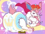 ambiguous_gender blush bow_(anatomy) bow_ribbon butt cape clothed clothing command crescent_moon crown dialogue diaper feral fur half-closed_eyes hand_on_chin headgear looking_back moon narrowed_eyes pink_body pink_fur presenting presenting_hindquarters simple_background smile solo sparkles sploot tail tail_motion tailwag text wearing_diaper white_body white_fur diaperteetah nintendo pokemon moon_(mrmoonmoo) eeveelution generation_6_pokemon pokemon_(species) sylveon 2025 4:3 english_text hi_res male_(lore)