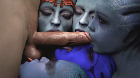 ball_lick balls blue_body collaborative collaborative_oral collaborative_sex eyes_closed female genitals group humanoid_genitalia humanoid_penis interspecies licking male male/female markings oral penile penis penis_lick pseudo_hair sex tentacle_hair tentacles tongue xenophilia dbgret bioware electronic_arts mass_effect aria_t'loak liara_t'soni morinth peebee samara alien asari human humanoid mammal 3d_(artwork) absurd_res digital_media_(artwork) hi_res