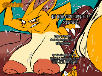 angry anthro areola big_areola big_breasts big_butt blush breasts butt electronics female heart_eyes heart_symbol large_female male male/female phone shake size_difference smaller_male taking_picture text elpokebarto nintendo pokemon charizard charmander generation_1_pokemon humanoid pokemon_(species) hi_res spanish_text