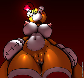 anthro areola big_breasts blush blush_lines bodily_fluids breasts clothing crossgender doll female gem genital_fluids genitals legwear looking_at_viewer looking_down looking_down_at_viewer low-angle_view mtf_crossgender multicolored_body nipples plump_labia plushie simple_background solo standing stiching thigh_highs two_tone_body vaginal_fluids vulva white_body wide_hips yellow_body justtaylor sega sonic_the_hedgehog_(series) tails_doll animate_inanimate canid canine fox living_plushie mammal 2026 absurd_res hi_res shaded