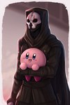 black_clothing blue_eyes blush cape carrying_another clothing duo feet female glistening glistening_eyes male mask not_furry open_mouth open_smile pink_body pink_skin red_feet robe simple_background skull_mask smile sparkles tongue evomanaphy kirby_(series) nintendo star_wars darth_nihilus kirby alien human mammal waddling_head 2021 crossover hi_res signature