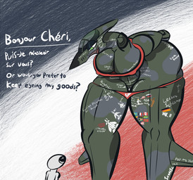 aircraft airplane anthro big_butt body_writing breasts butt clothed clothing dialogue female french genitals green_body green_eyes huge_butt huge_hips huge_thighs jet larger_anthro larger_female looming machine nipple_outline non-mammal_breasts panties panties_down partially_clothed simple_background size_difference text thick_thighs topwear tube_top underwear underwear_down vehicle vulva wide_hips iconictm aeromorph living_aircraft living_machine living_vehicle english_text french_text german_text hi_res partially_translated translation_request unknown_language