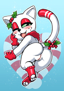 anthro butt candy candy_cane christmas_clothing clothing dessert female food freckles genitals holidays holly_(plant) holly_on_tail looking_at_viewer nude one_eye_closed open_mouth plant smile solo tail vulva white_body wink young young_anthro young_female vermelhatan christmas junipurr domestic_cat felid feline felis mammal 2025 absurd_res hi_res